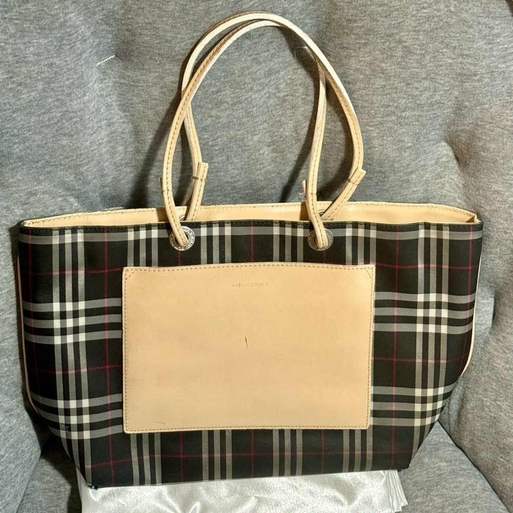 Burberry Black Canvas Vintage Check & Leather Tote Shoulder Handbag Purse Italy